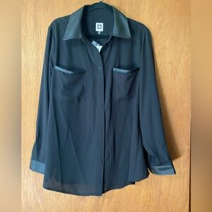 NWT Anne Klein Black Blouse with Faux Leather Trim